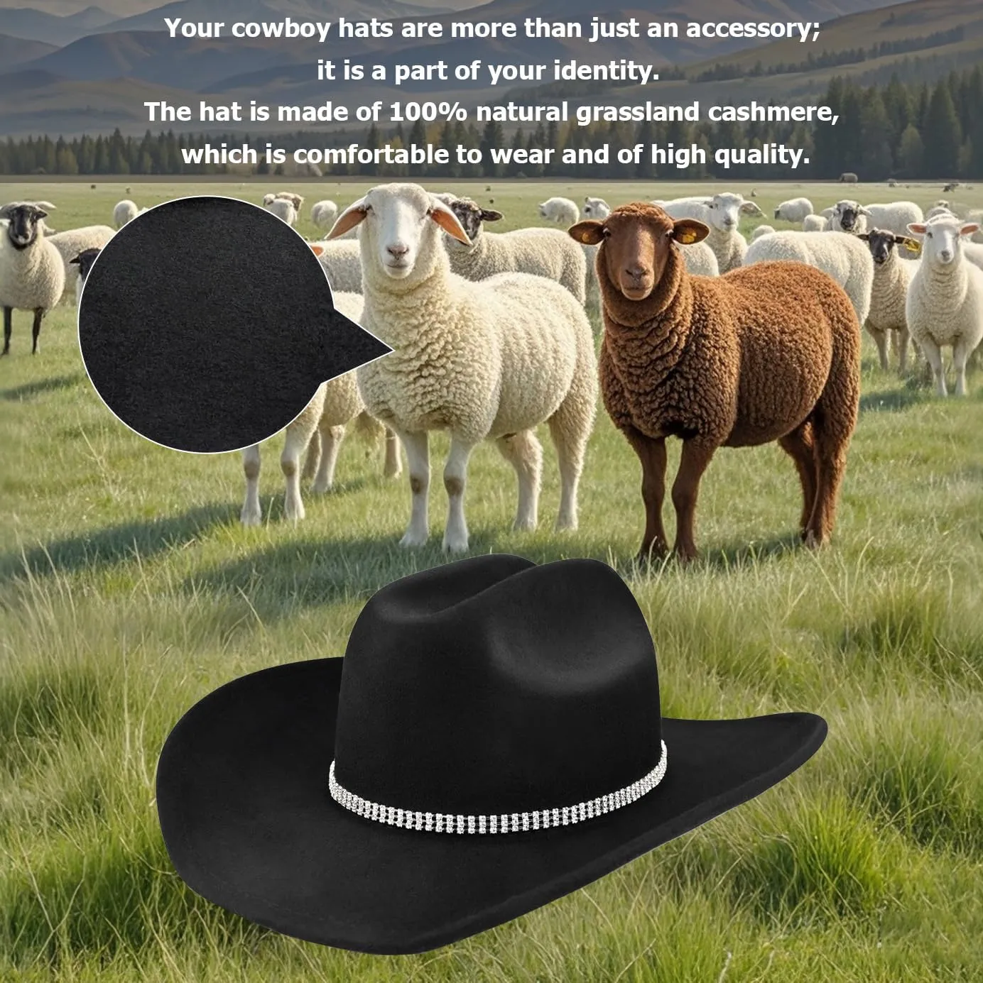 100% Wool Western Cowboy Hat for Men Women Classic Fedora Hat Felt Cowgirls Hats with Two Decorative Bands