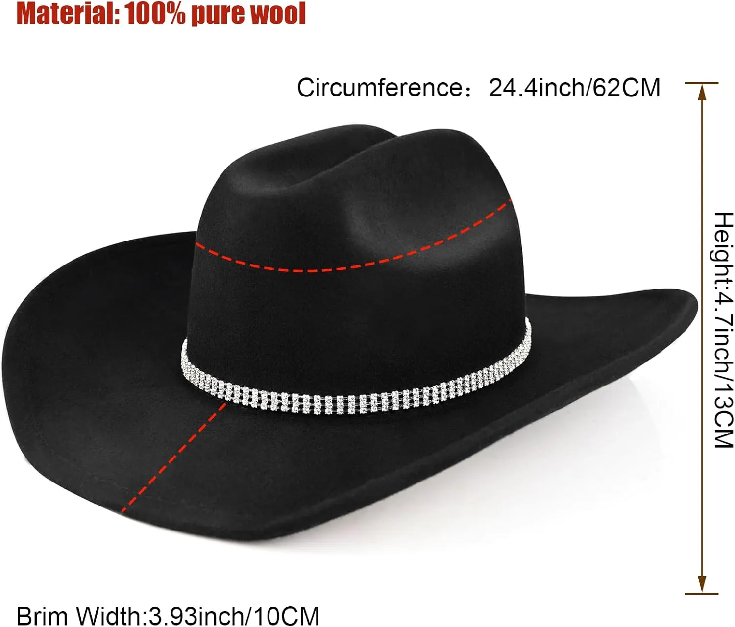 100% Wool Western Cowboy Hat for Men Women Classic Fedora Hat Felt Cowgirls Hats with Two Decorative Bands