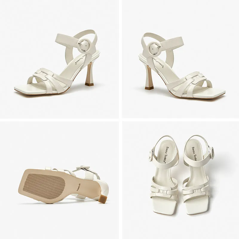 BeauToday Cow Leather Pumps Heeled Strap Sandals with Square Toe