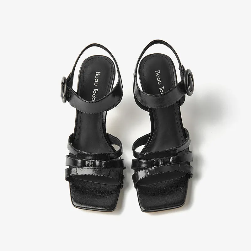 BeauToday Cow Leather Pumps Heeled Strap Sandals with Square Toe