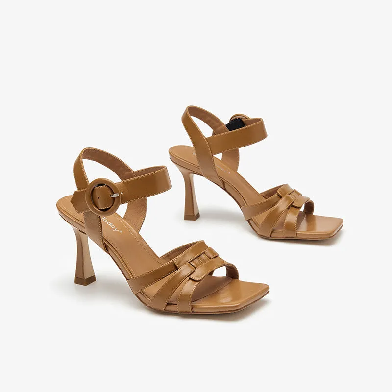 BeauToday Cow Leather Pumps Heeled Strap Sandals with Square Toe