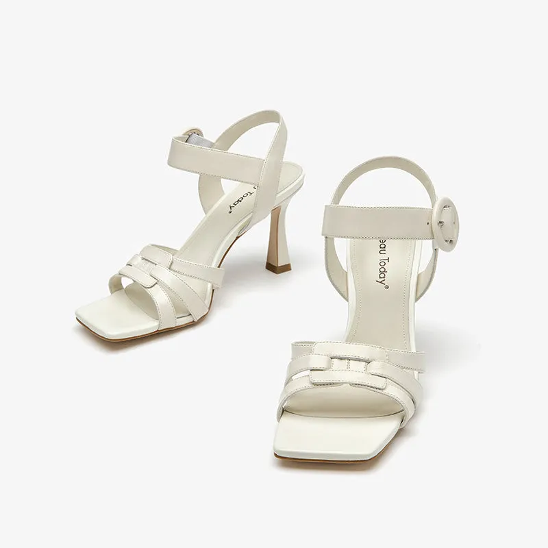 BeauToday Cow Leather Pumps Heeled Strap Sandals with Square Toe
