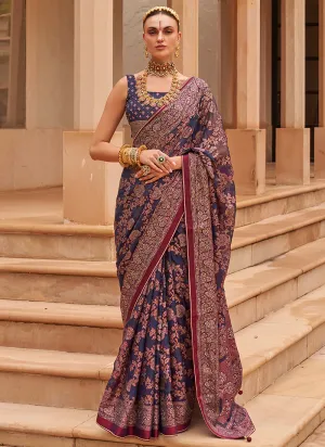 Blue And Pink Crystal Stone Brasso Saree