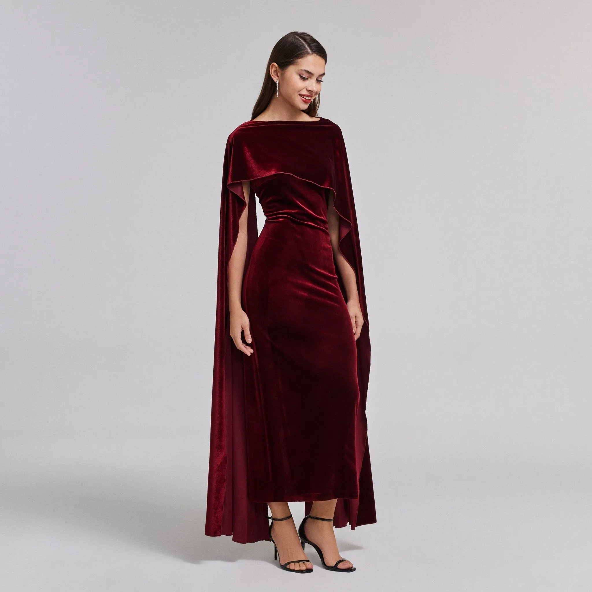 Burgundy Velvet Cape Maxi Dress