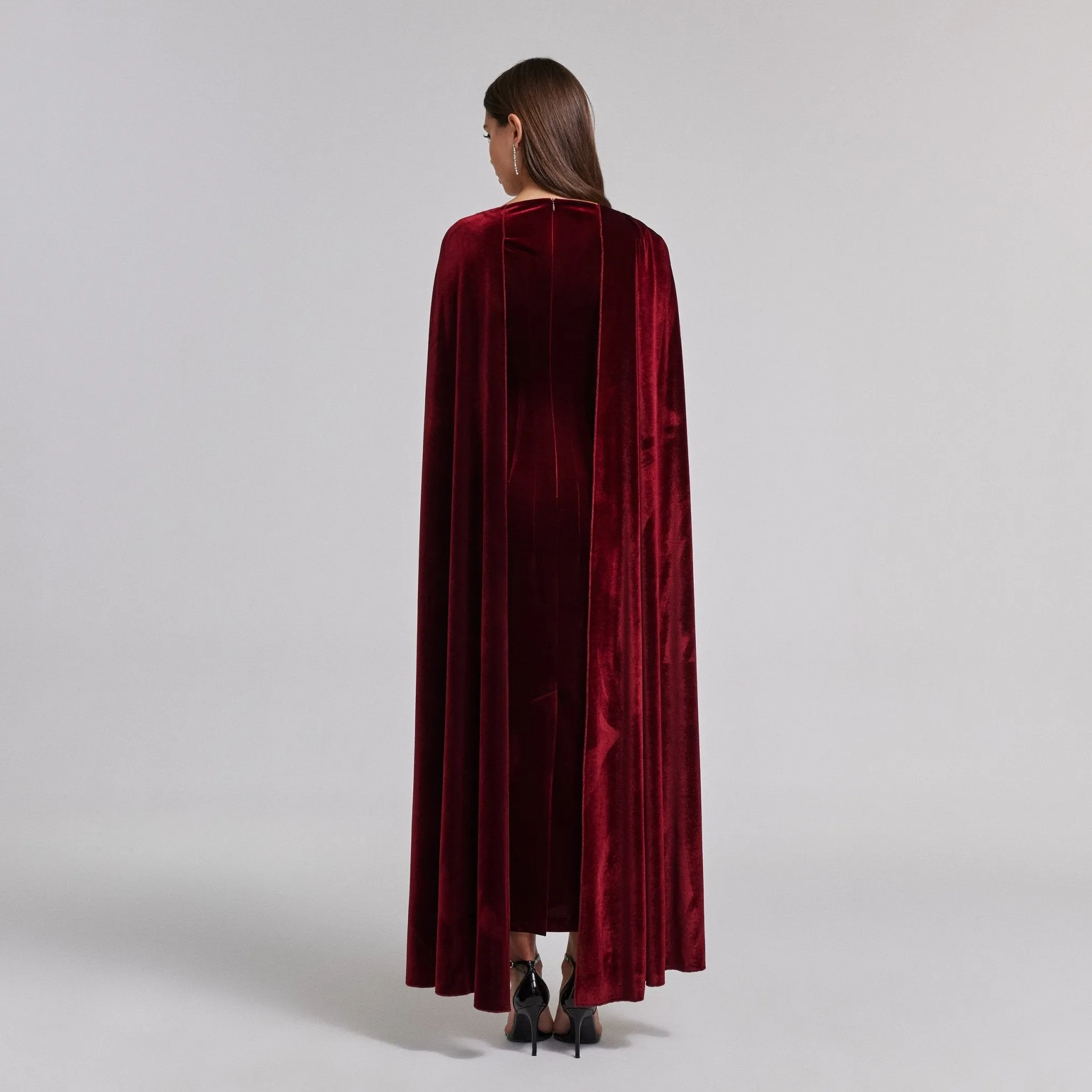 Burgundy Velvet Cape Maxi Dress