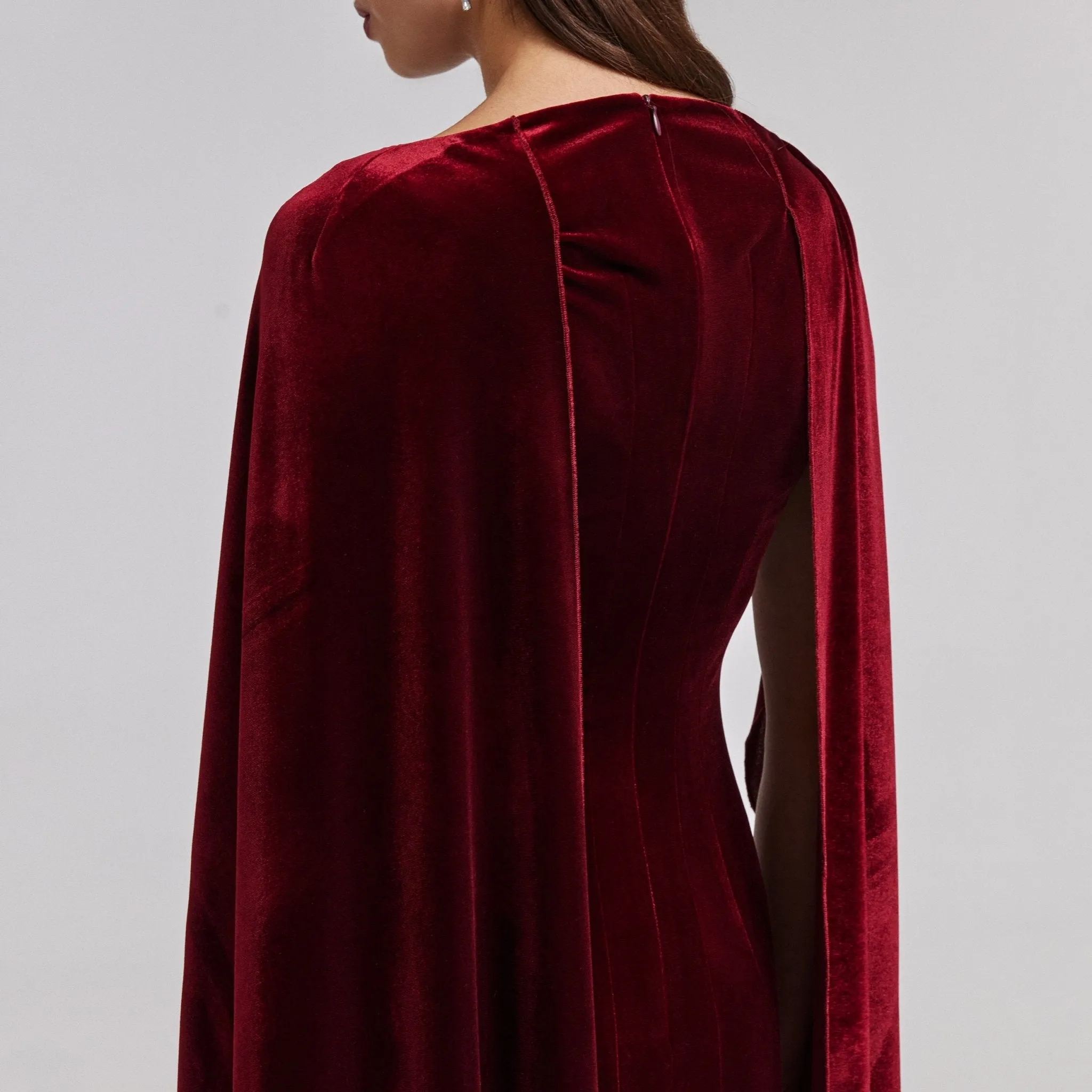 Burgundy Velvet Cape Maxi Dress