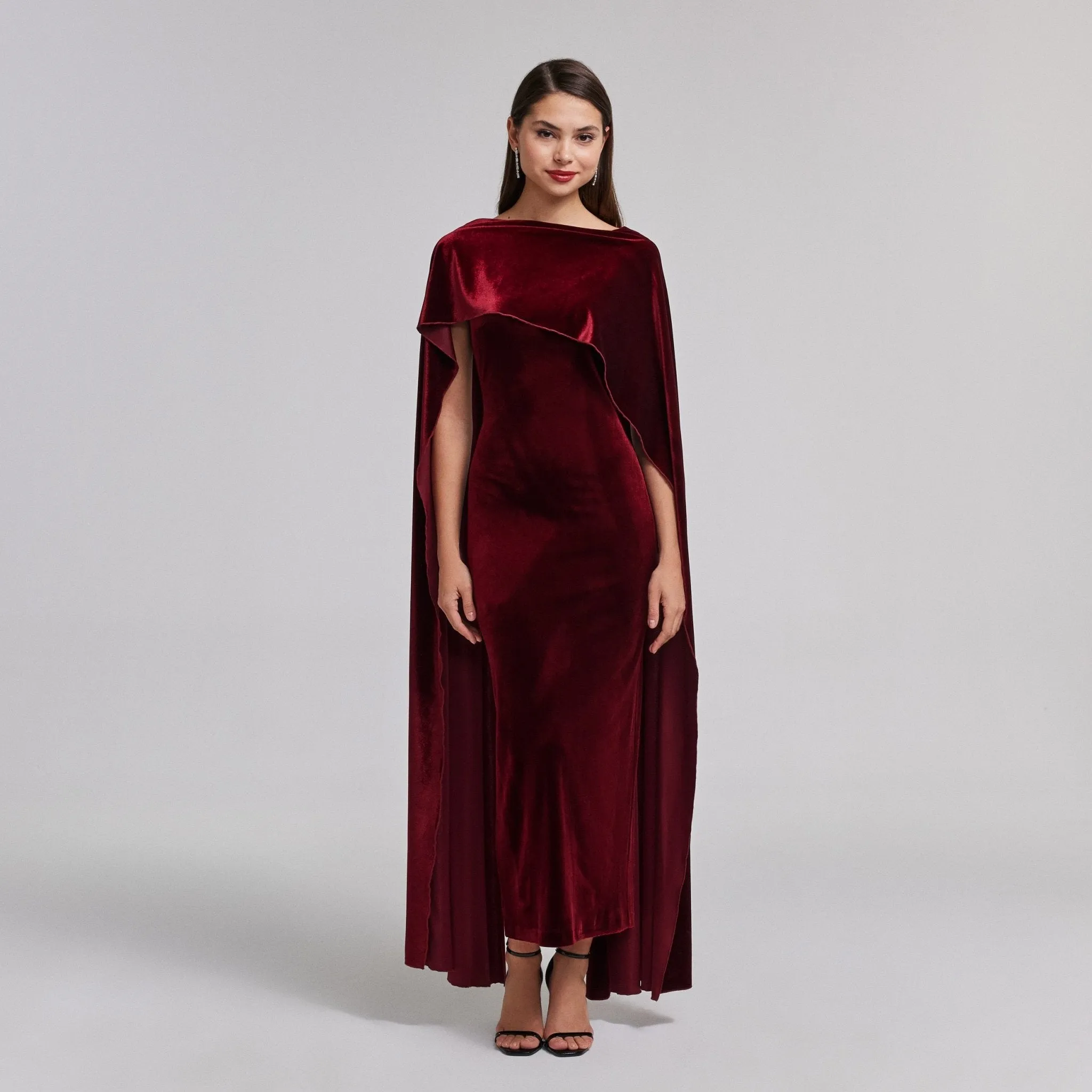 Burgundy Velvet Cape Maxi Dress