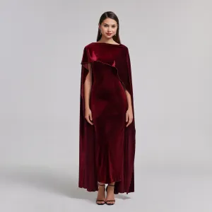 Burgundy Velvet Cape Maxi Dress