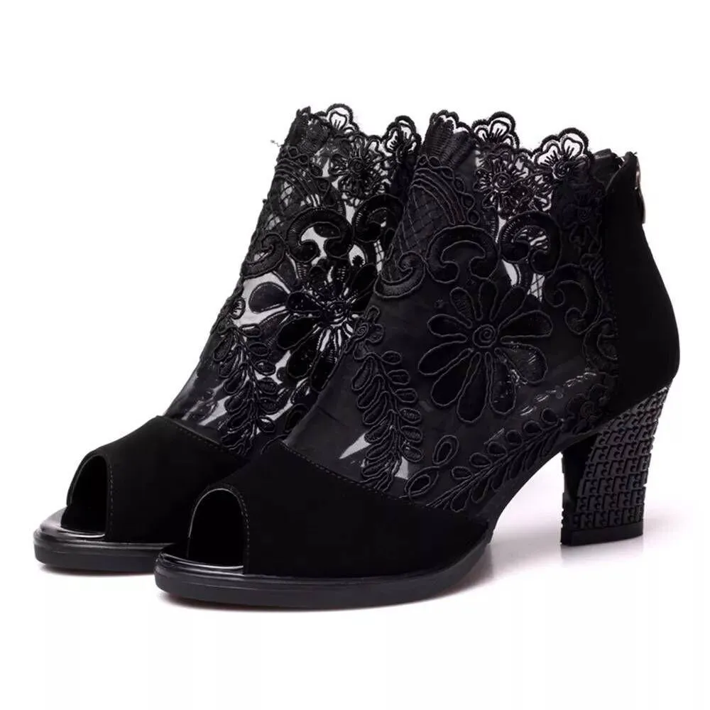 Chicvane Lace Mesh Peep Toe Chunky Heel Shoes with Zipper