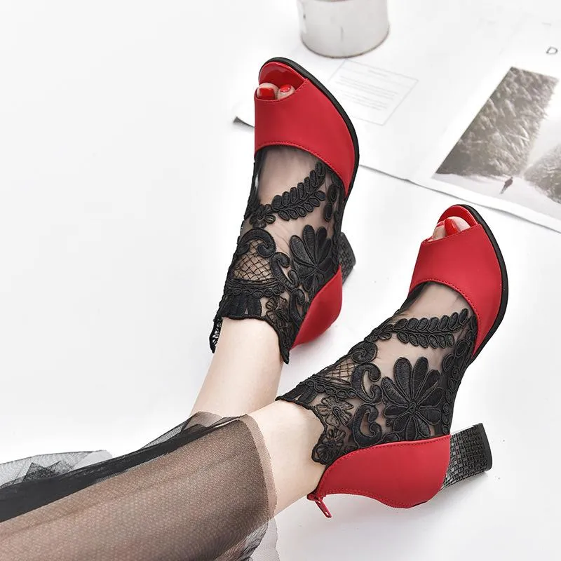 Chicvane Lace Mesh Peep Toe Chunky Heel Shoes with Zipper