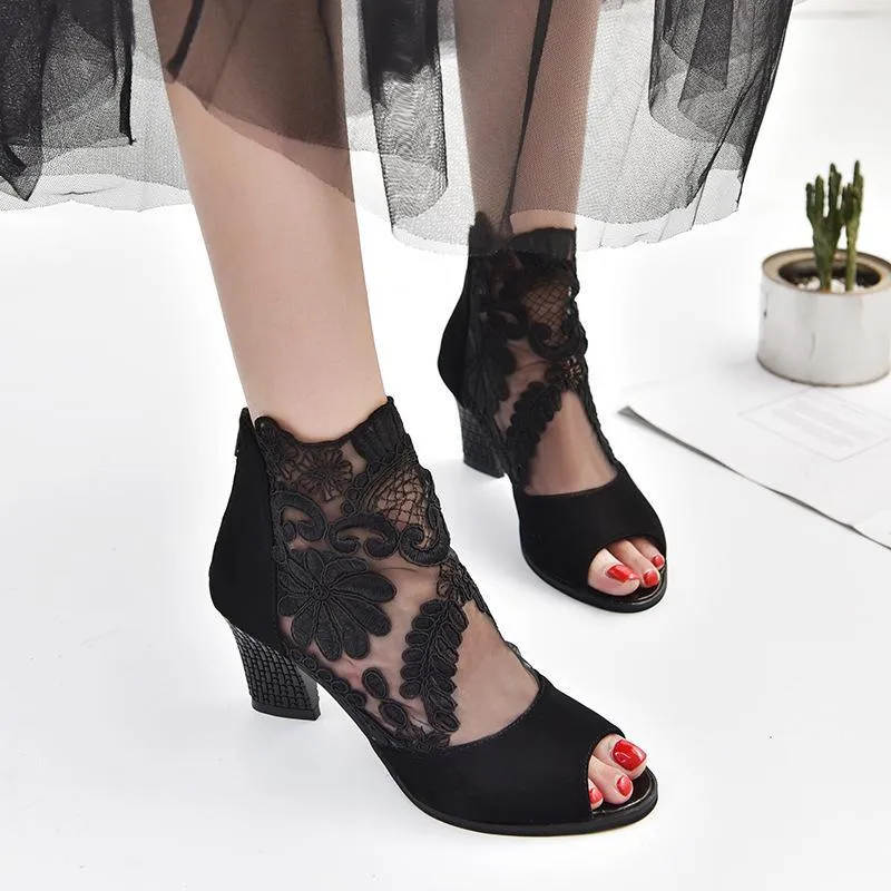 Chicvane Lace Mesh Peep Toe Chunky Heel Shoes with Zipper