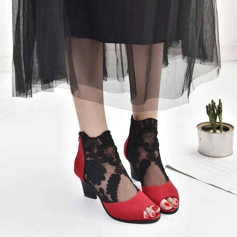 Chicvane Lace Mesh Peep Toe Chunky Heel Shoes with Zipper