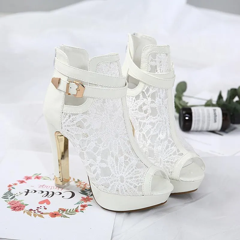 Chicvane Lace Mesh Spanish Sandals with Buckle Platform Pumps Heeled Sandals