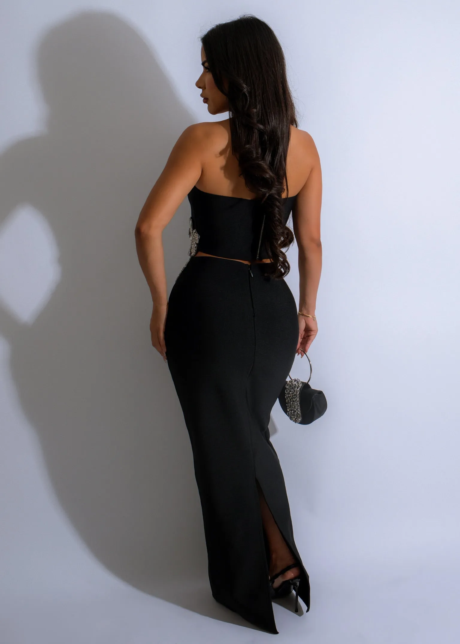 Crystal Bloom Rhinestones Skirt Set Black