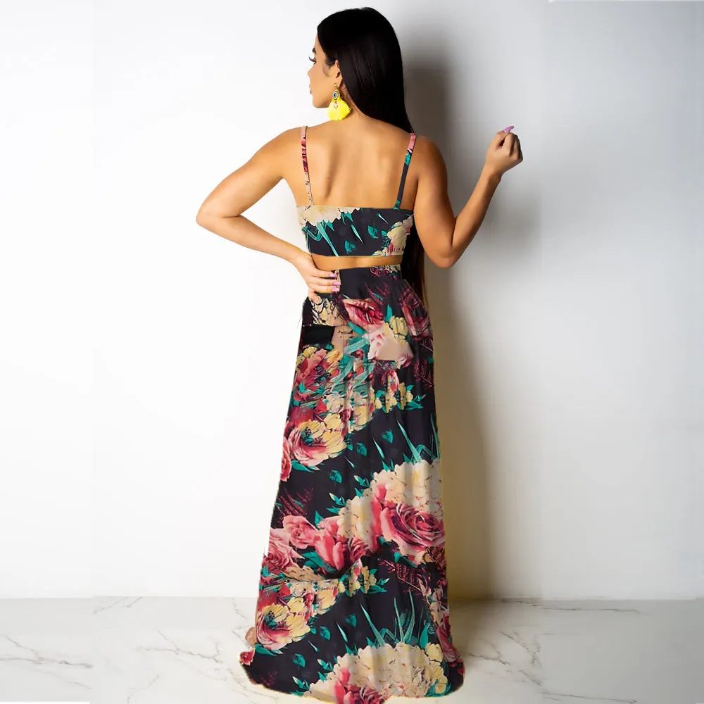 Deep V Neck High Split Maxi Dresses Skirt Set