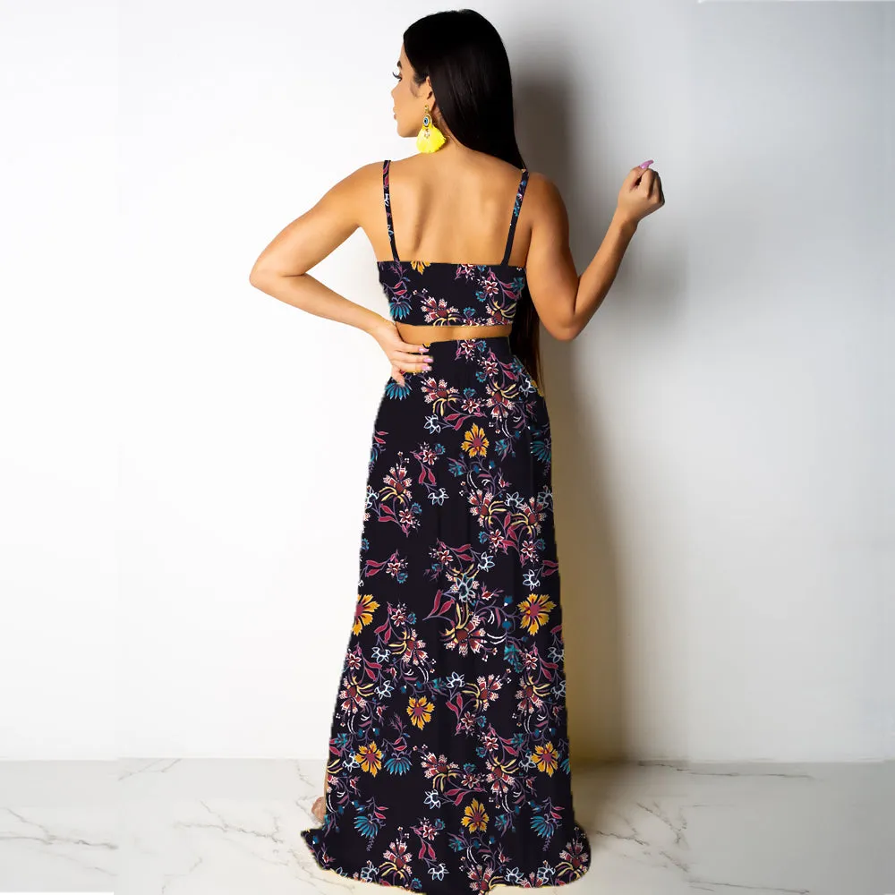 Deep V Neck High Split Maxi Dresses Skirt Set