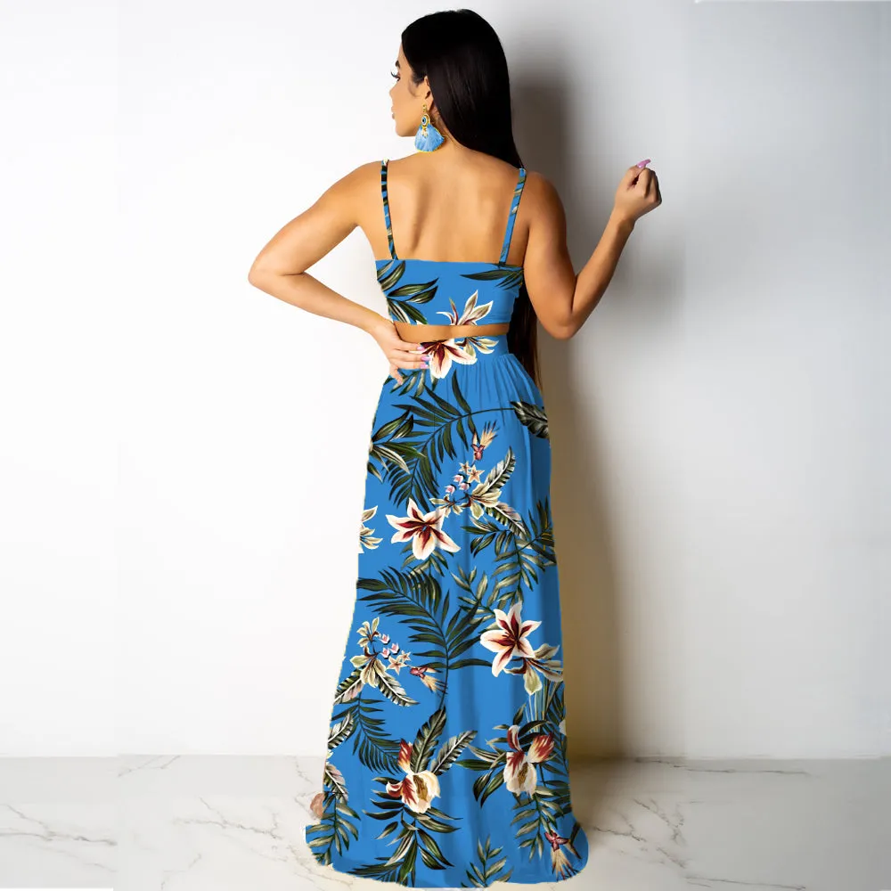 Deep V Neck High Split Maxi Dresses Skirt Set