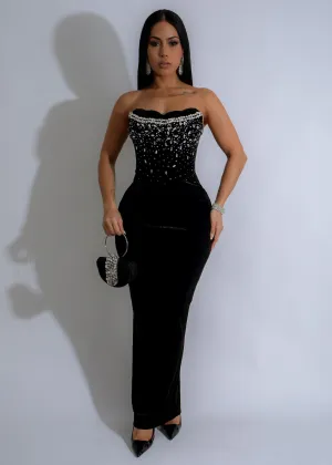 Eternal Night Velvet Rhinestone Maxi Dress Black