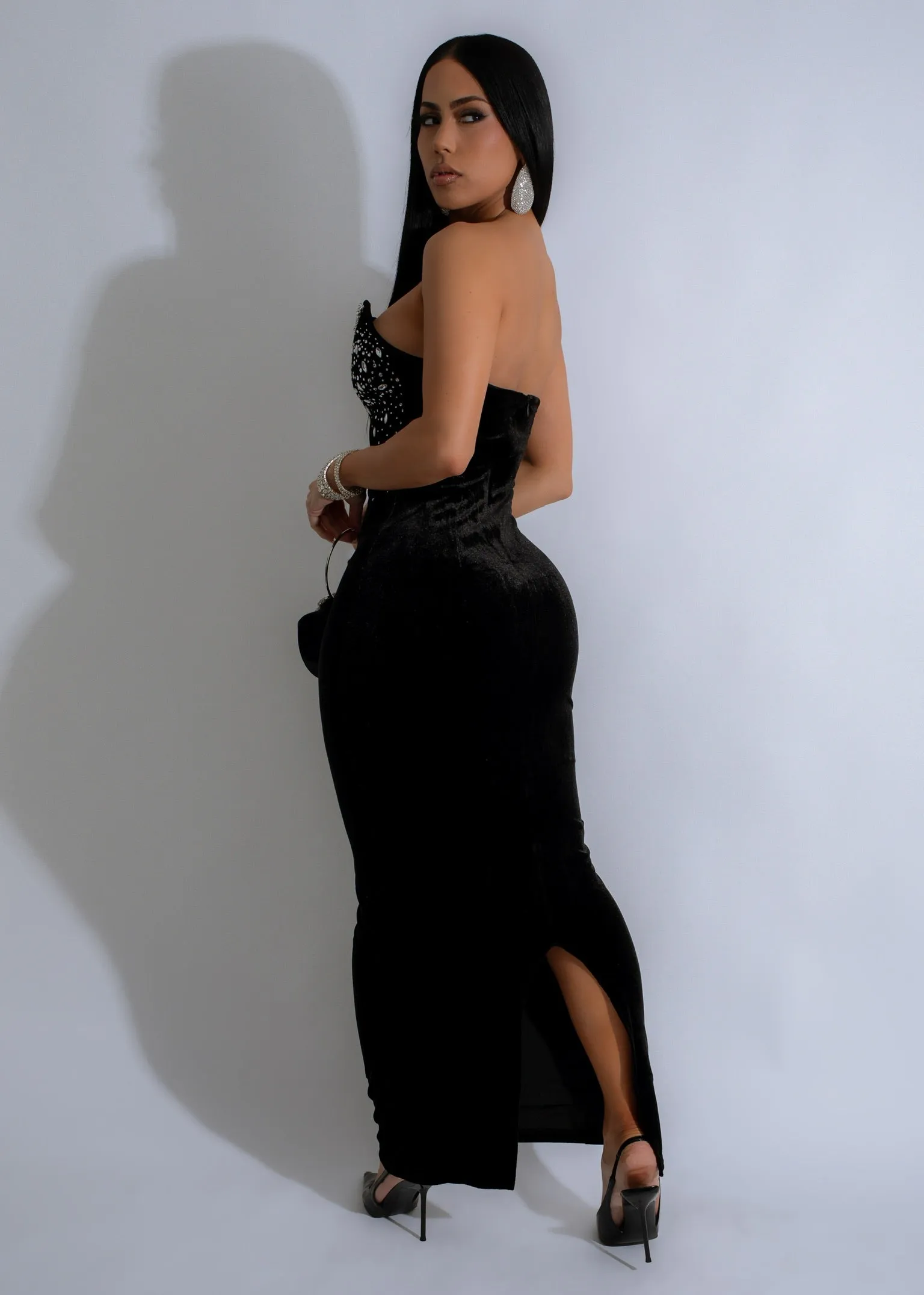 Eternal Night Velvet Rhinestone Maxi Dress Black
