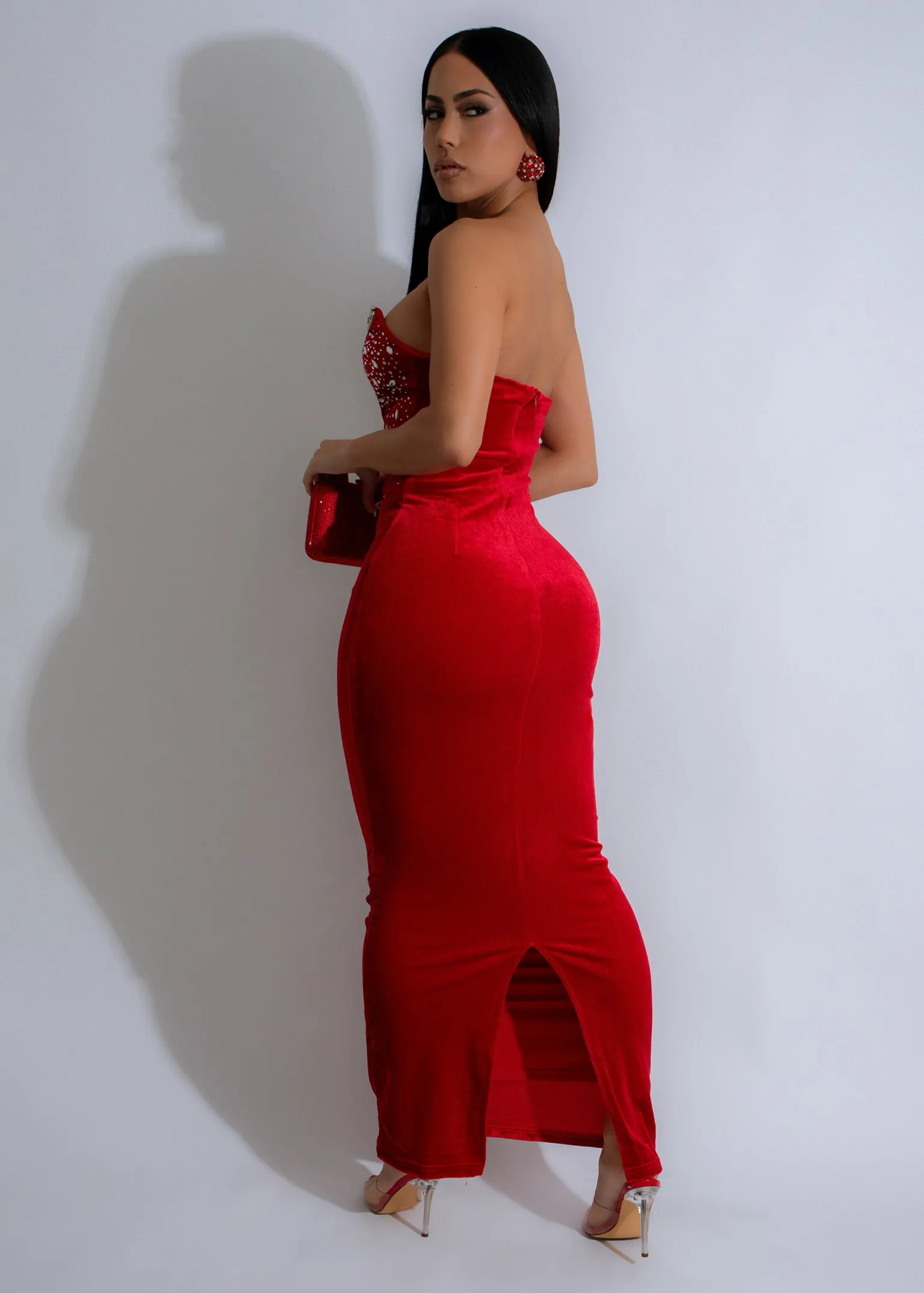Eternal Night Velvet Rhinestone Maxi Dress Red
