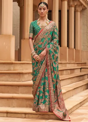 Green Golden Crystal Stone Brasso Saree