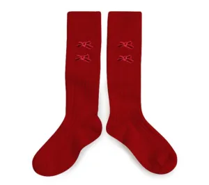 Hortense Ribbed Knee-high Socks with Velvel Bows - Rouge Carmin