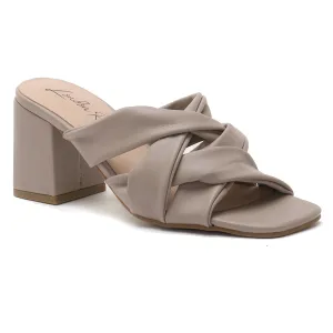 Knope Interwoven Straps Mid Heeled Sandals in Camel