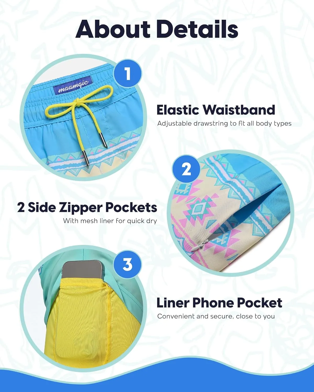maamgic 7 Inch Mens Swim Trunks with Compression Liner Board Shorts with Zippered Pocket Bathing Suit for Beach Vacation