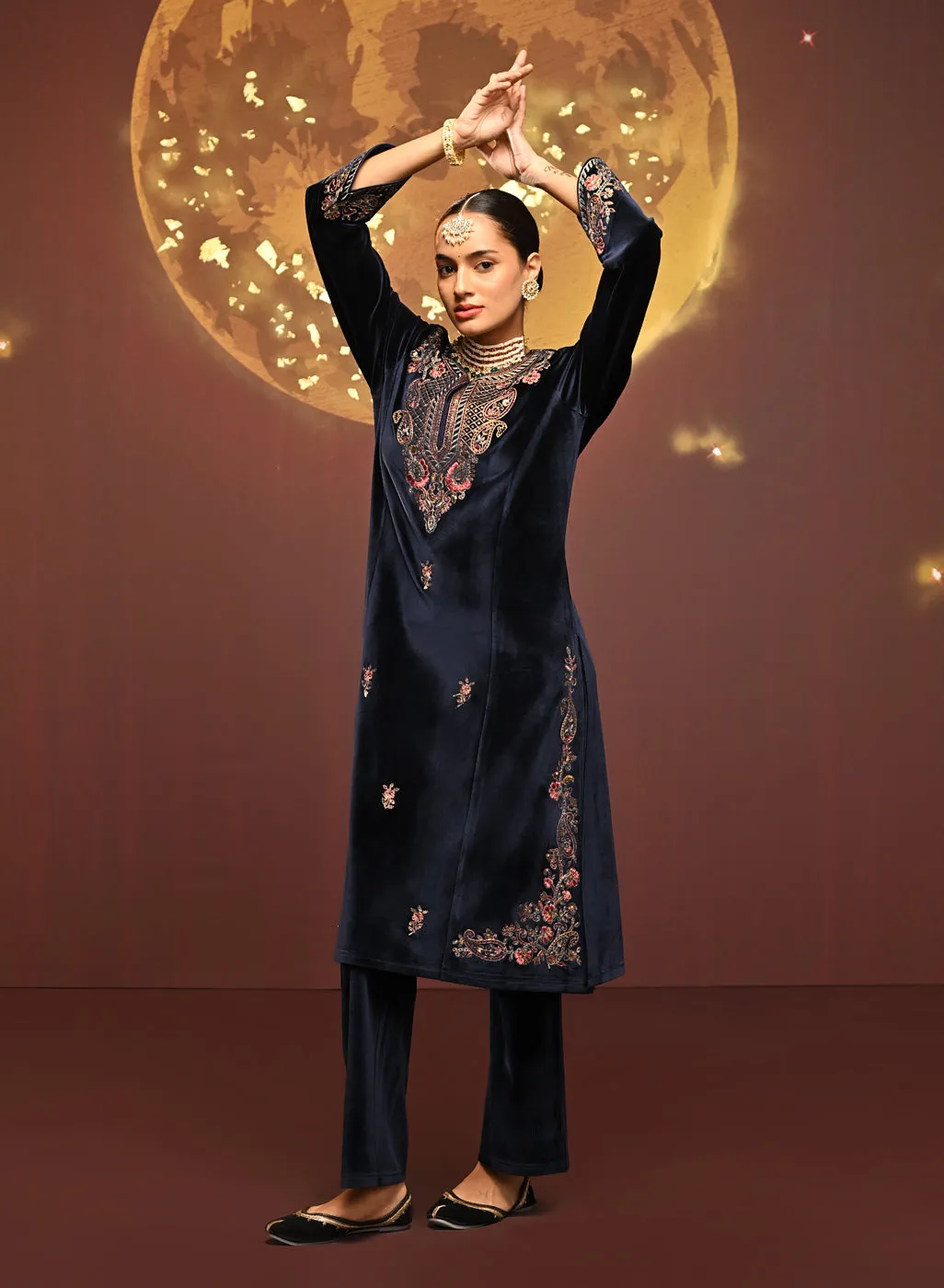 Mayal Navy Embroidered Velvet Kurta Set for Women
