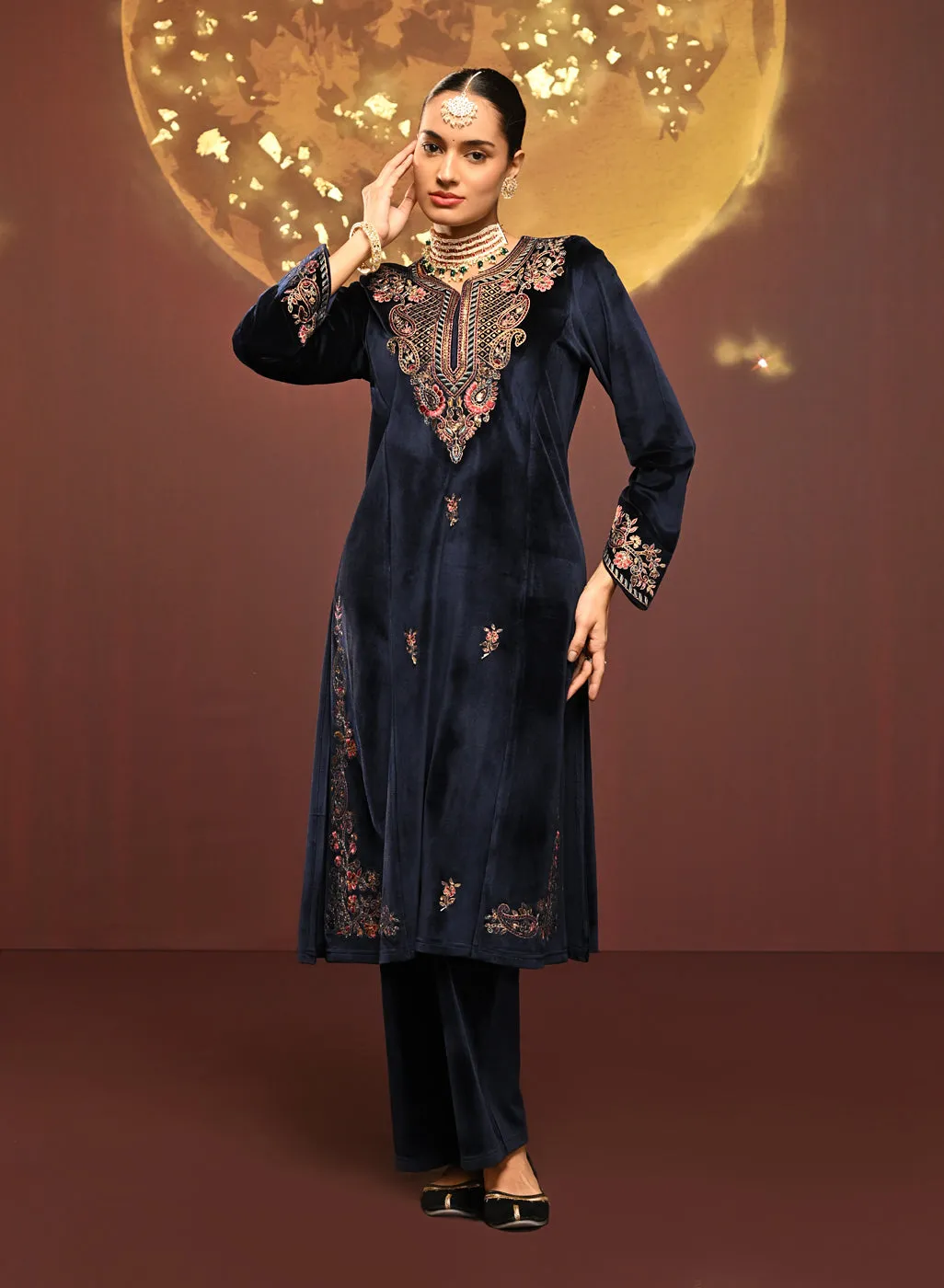 Mayal Navy Embroidered Velvet Kurta Set for Women