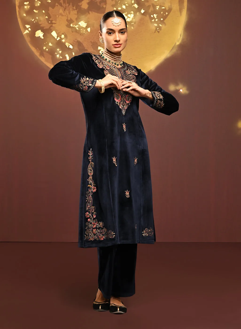 Mayal Navy Embroidered Velvet Kurta Set for Women