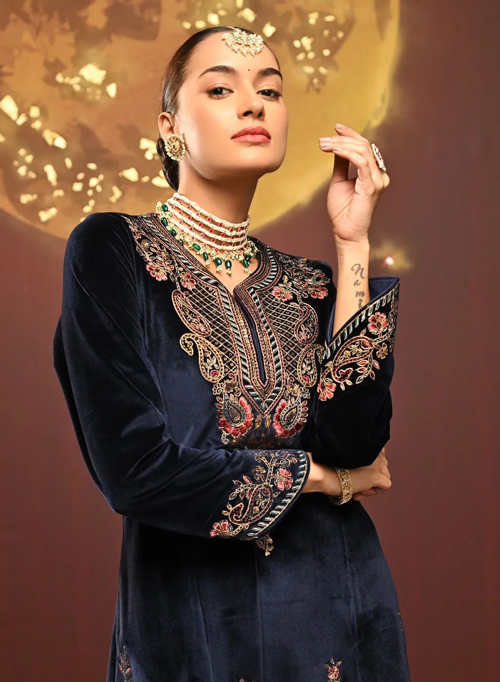 Mayal Navy Embroidered Velvet Kurta Set for Women