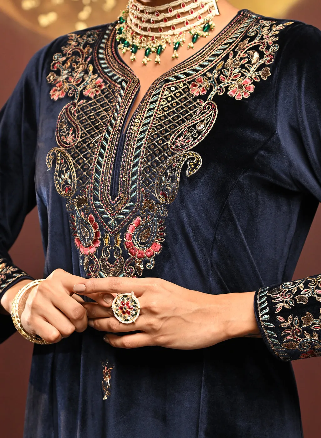 Mayal Navy Embroidered Velvet Kurta Set for Women
