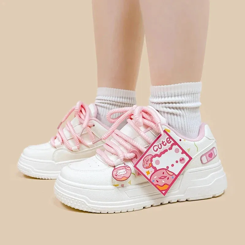 Pretty Pink Bear Chunky Casual White Sneakers - Women's