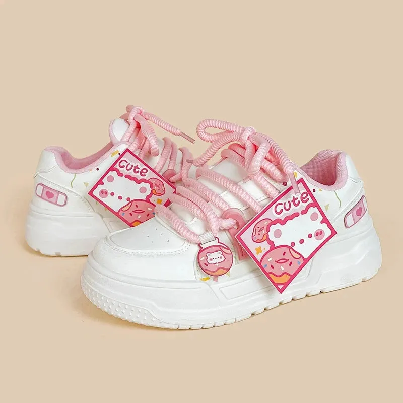 Pretty Pink Bear Chunky Casual White Sneakers - Women's
