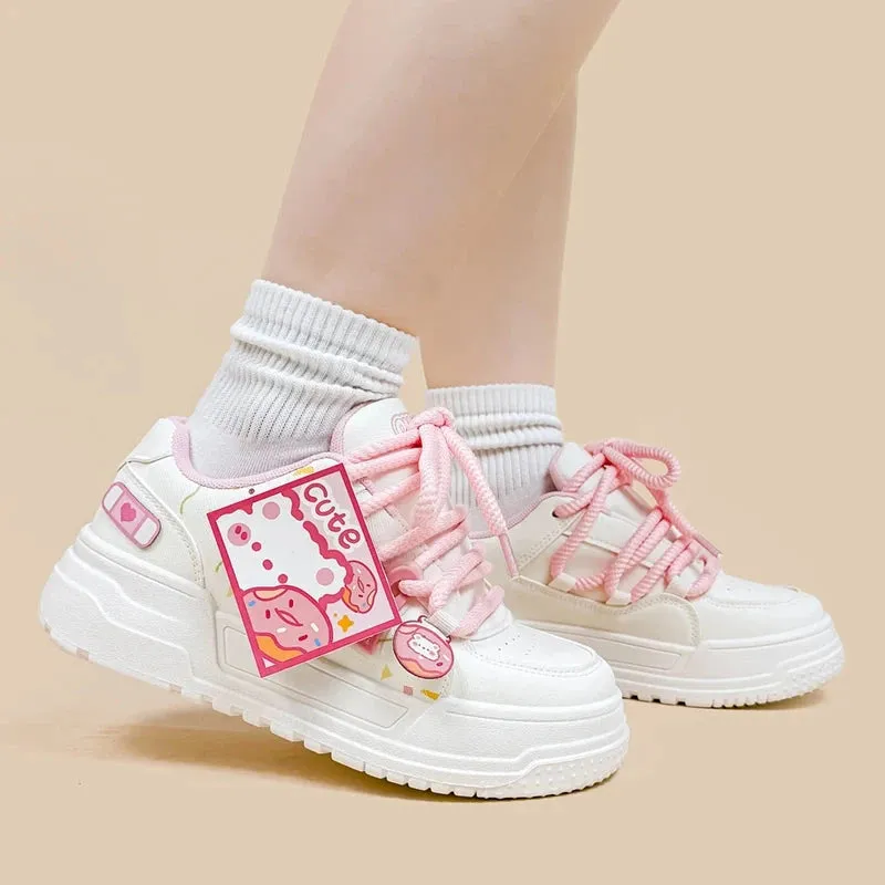 Pretty Pink Bear Chunky Casual White Sneakers - Women's