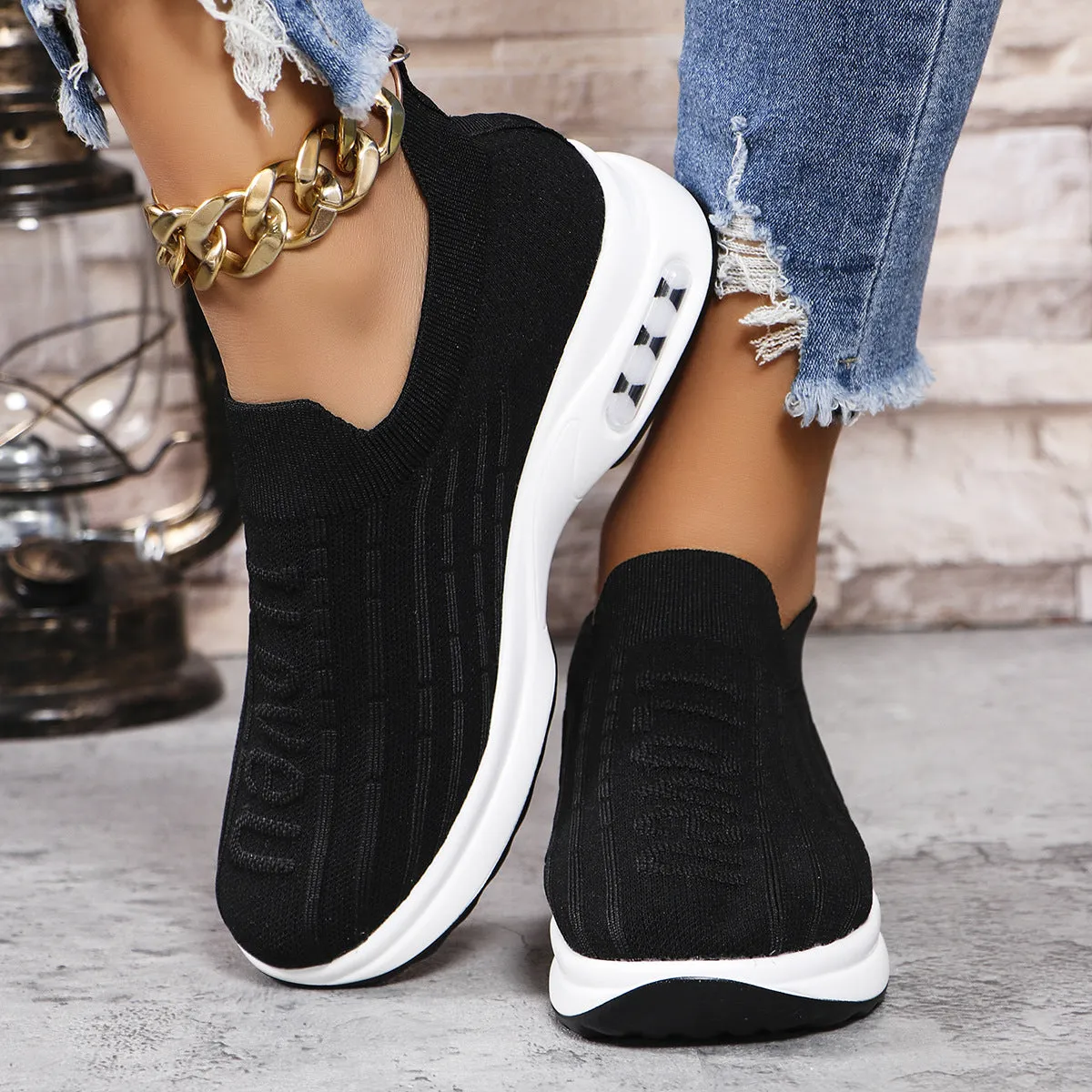Round Toe Knit Detail Slip On Sneakers