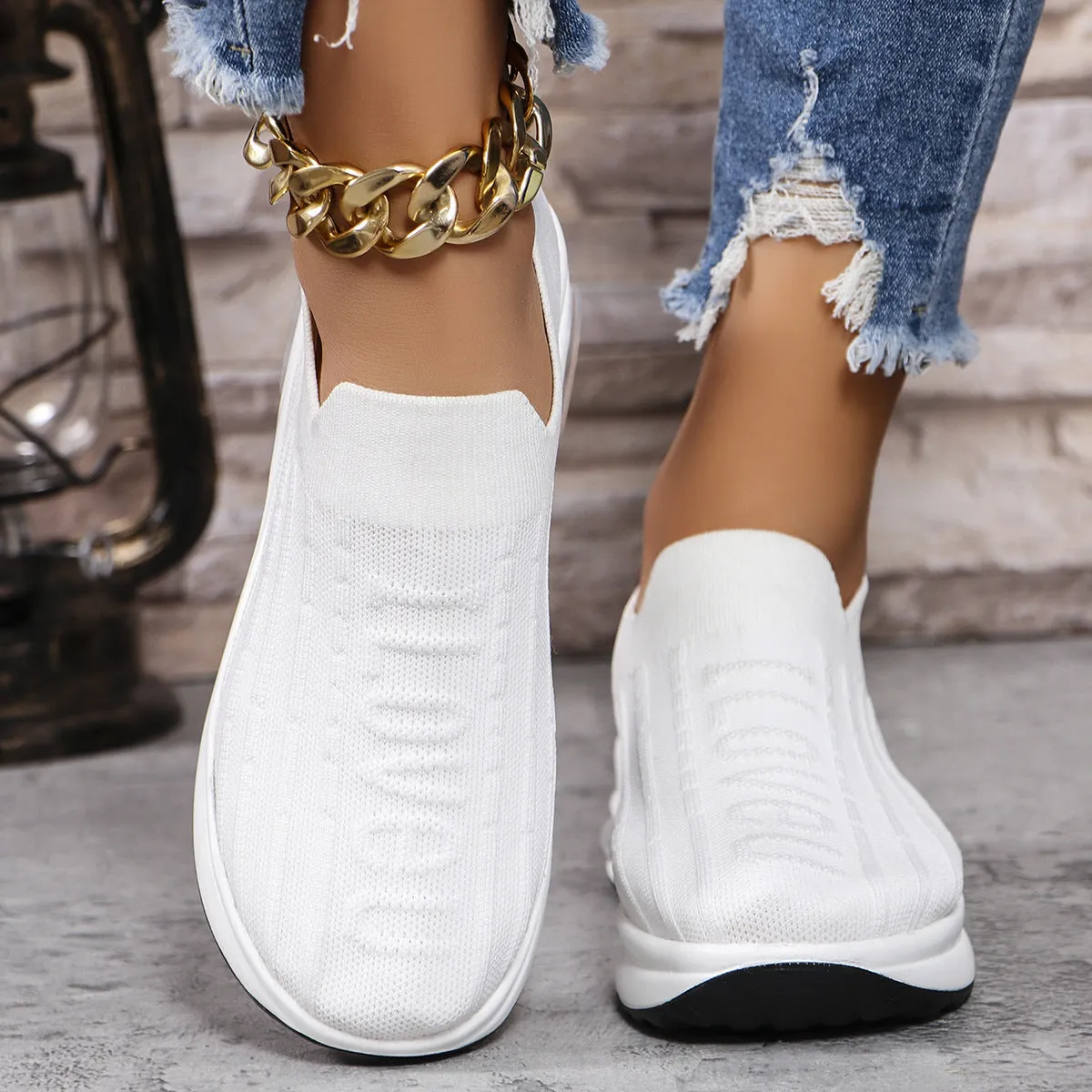 Round Toe Knit Detail Slip On Sneakers