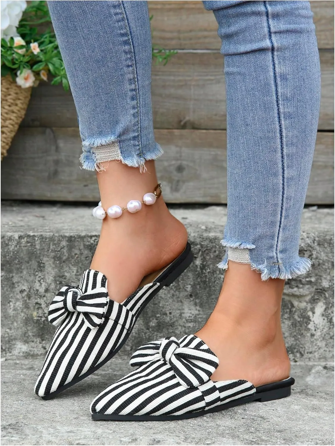Women's Bow Mules Dressy Pointed Toe Flat Shoes Backless Loafers Slide Sandals Casual Slides Work Shoes