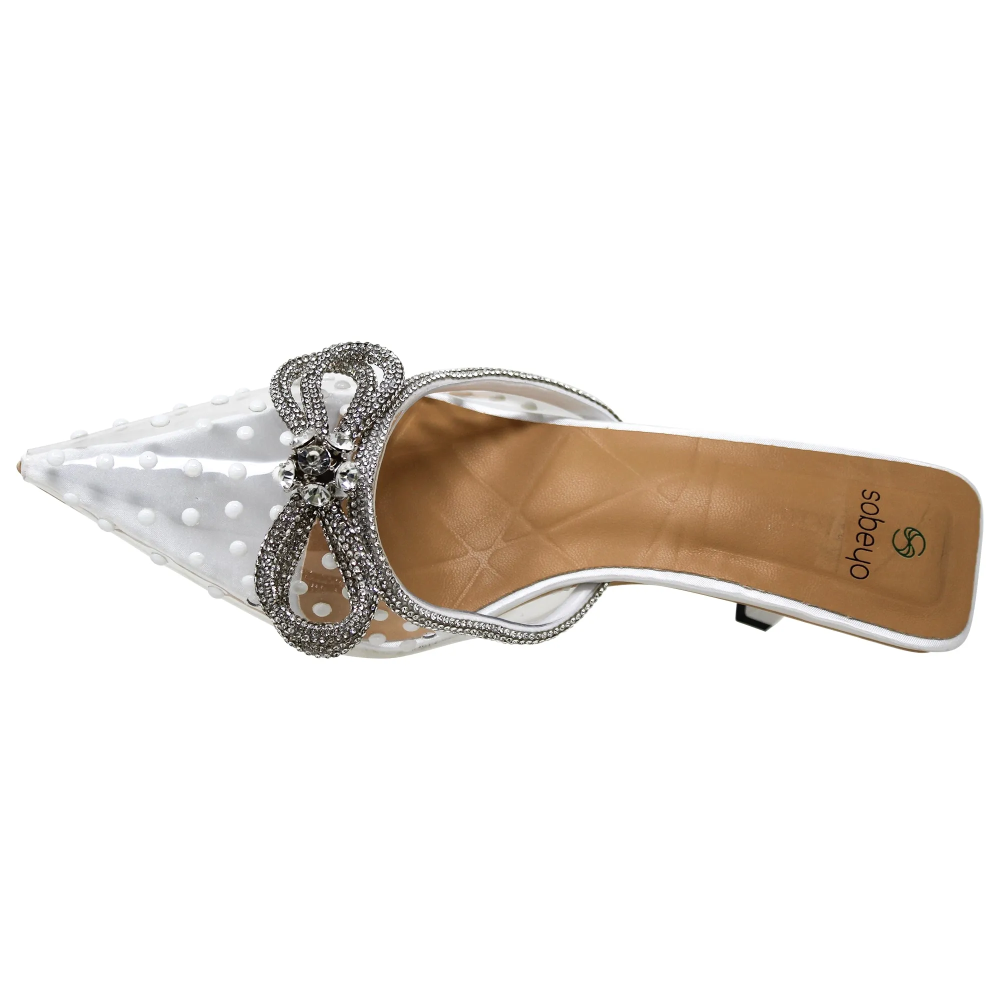 Women's Pointed Toe Heels Pumps Clear Rhinestones Bow Sandals White