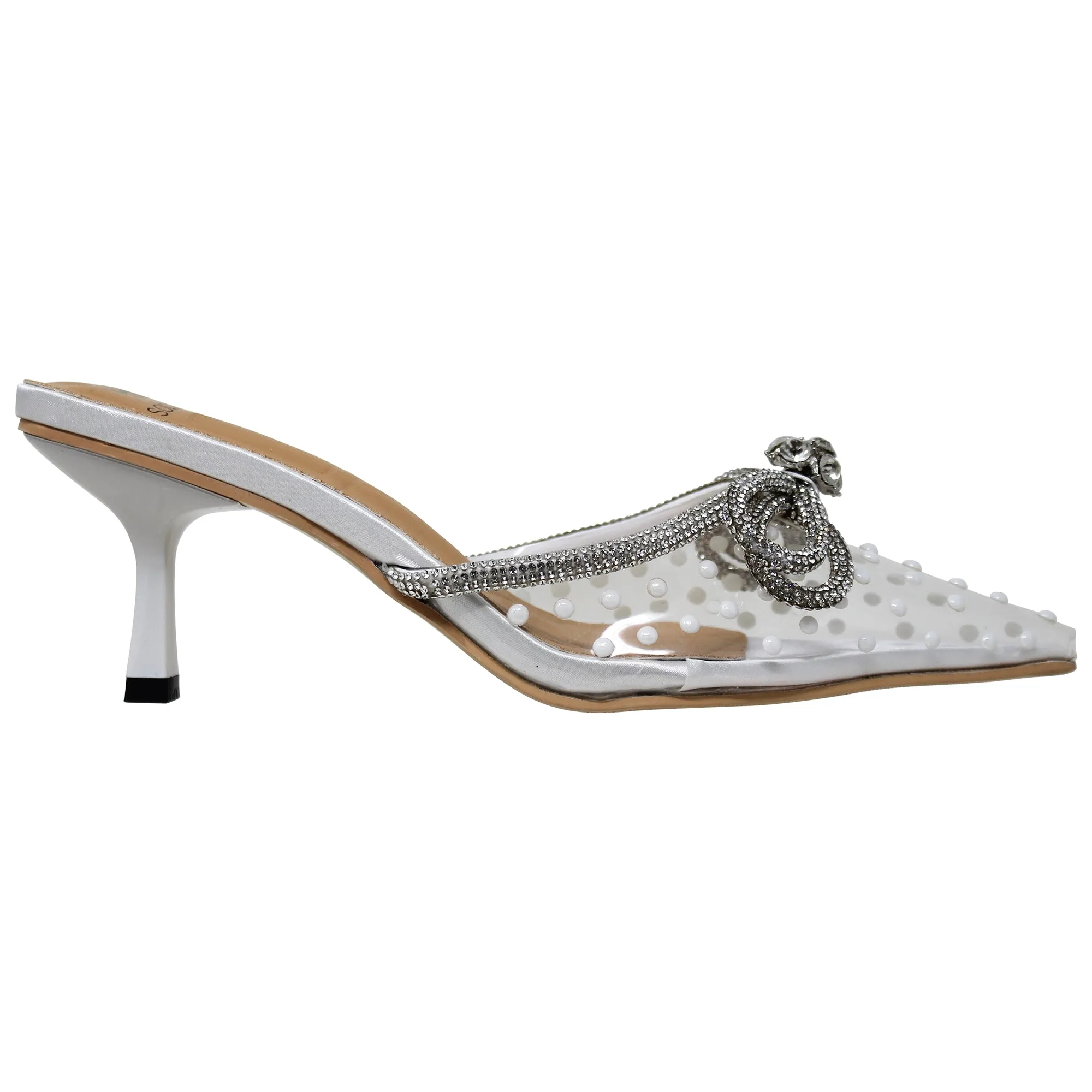 Women's Pointed Toe Heels Pumps Clear Rhinestones Bow Sandals White